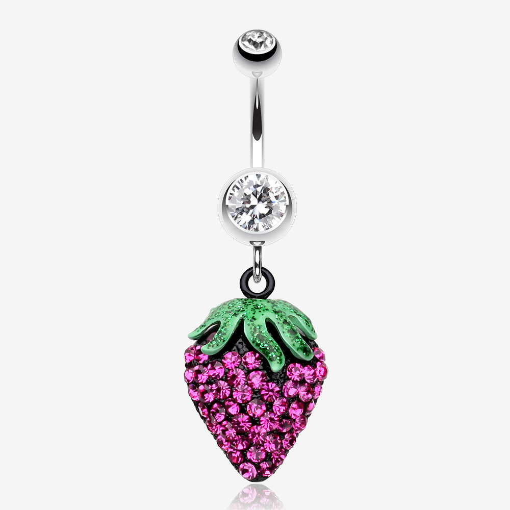 Glitter Sparkle Strawberry Belly Button Ring-Clear Gem/Fuchsia