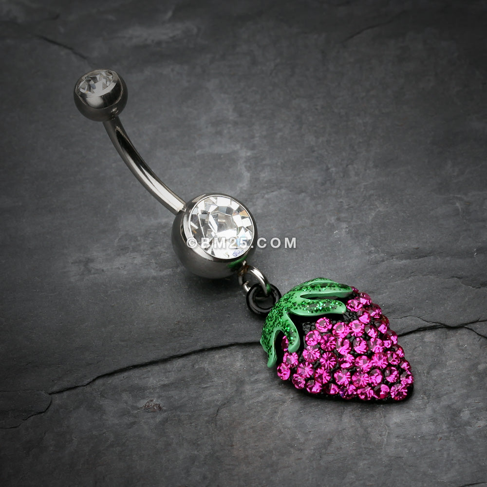 Detail View 2 of Glitter Sparkle Strawberry Belly Button Ring-Clear Gem/Fuchsia