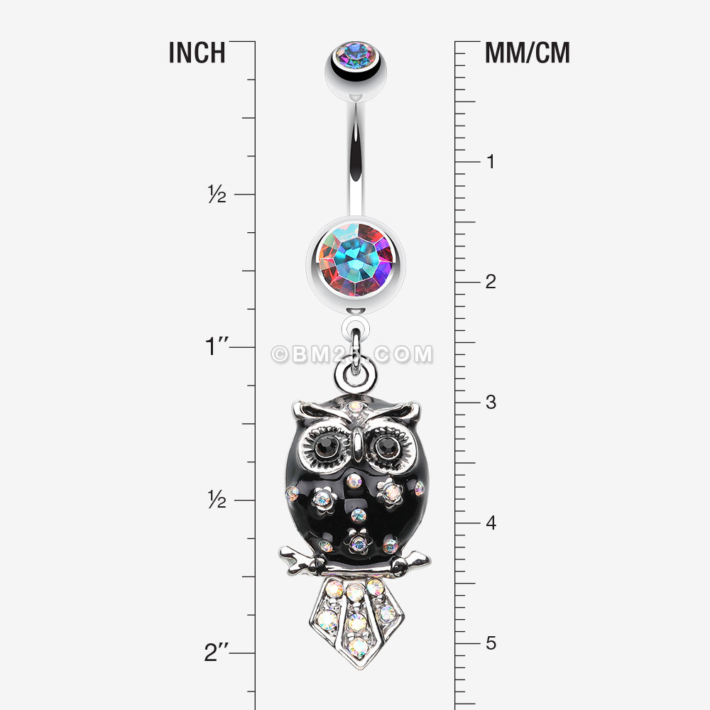 Detail View 1 of Sweet Blossom Owl Belly Button Ring-Aurora Borealis/Black