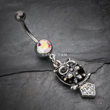 Detail View 2 of Sweet Blossom Owl Belly Button Ring-Aurora Borealis/Black
