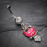 Detail View 2 of Sweet Blossom Owl Belly Button Ring-Clear Gem/Pink