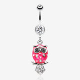 Sweet Blossom Owl Belly Button Ring-Clear Gem/Pink