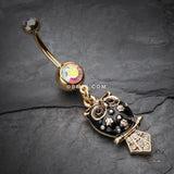 Detail View 2 of Golden Blossom Owl Belly Button Ring-Aurora Borealis/Black