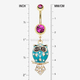 Detail View 1 of Golden Blossom Owl Belly Button Ring-Fuchsia/Teal