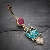 Detail View 2 of Golden Blossom Owl Belly Button Ring-Fuchsia/Teal