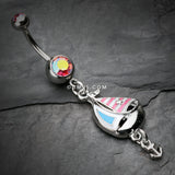 Detail View 2 of Classic Sail Boat Anchor Dangle Belly Button Ring-Pink/Aurora Borealis