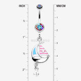 Detail View 1 of Classic Sail Boat Anchor Dangle Belly Button Ring-Pink/Aurora Borealis