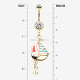 Detail View 1 of Golden Sail Boat Anchor Dangle Belly Button Ring-Clear Gem