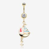 Golden Sail Boat Anchor Dangle Belly Button Ring-Clear Gem