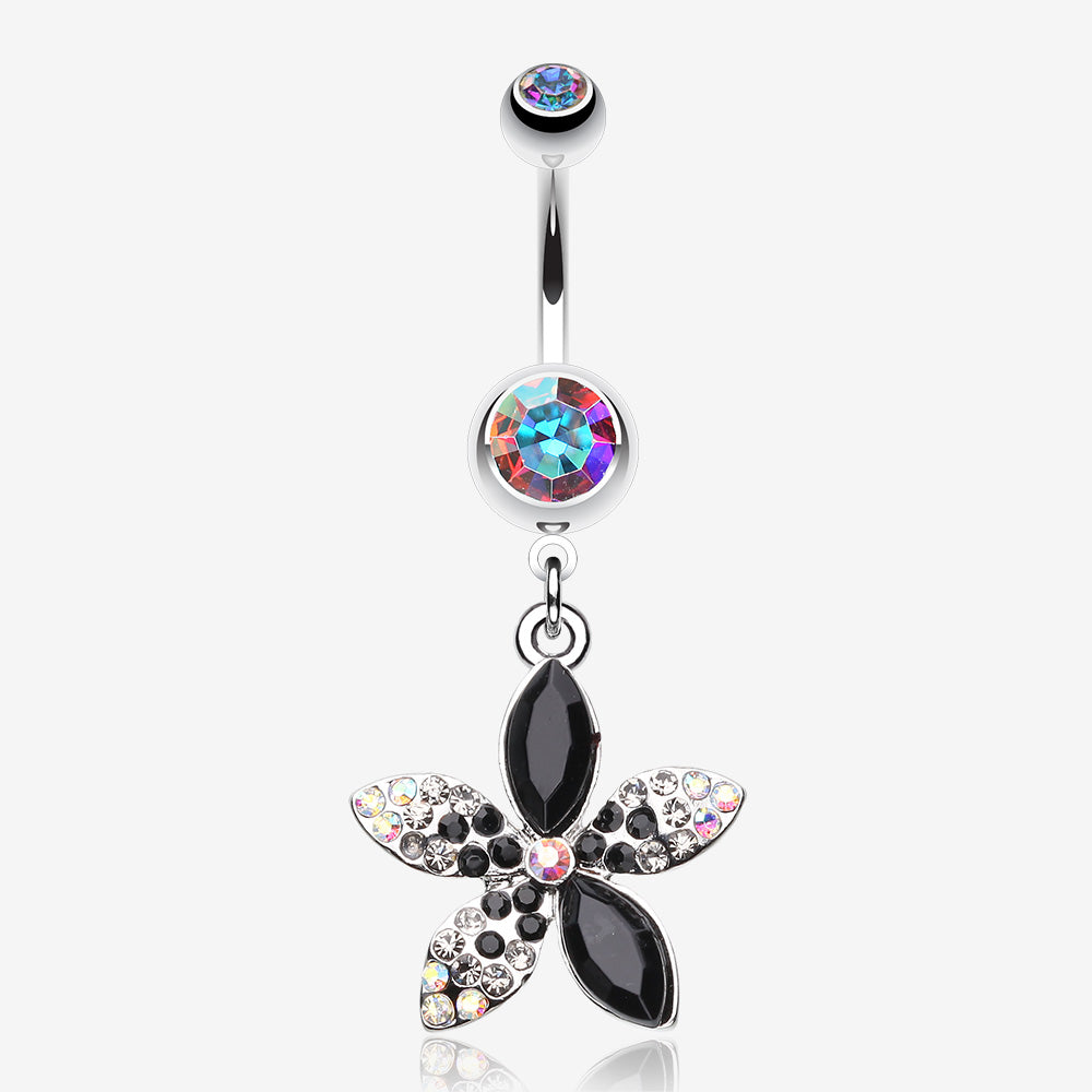 Radiant Spring Beauty Flower Belly Button Ring-Aurora Borealis/Black