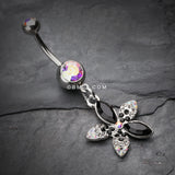 Detail View 2 of Radiant Spring Beauty Flower Belly Button Ring-Aurora Borealis/Black