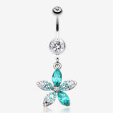 Radiant Spring Beauty Flower Belly Button Ring-Clear Gem/Teal