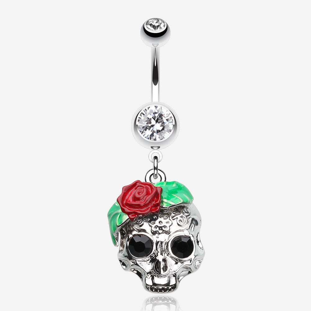 Rose Ornate Sugar Skull Belly Button Ring-Clear Gem