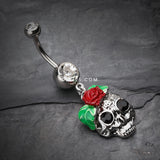 Detail View 2 of Rose Ornate Sugar Skull Belly Button Ring-Clear Gem