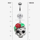 Detail View 1 of Rose Ornate Sugar Skull Belly Button Ring-Clear Gem