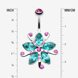 Detail View 1 of Glistening Lily Blossome Flower Belly Button Ring-Fuchsia/Teal