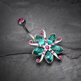 Detail View 2 of Glistening Lily Blossome Flower Belly Button Ring-Fuchsia/Teal