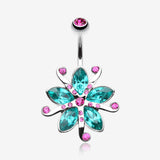 Glistening Lily Blossome Flower Belly Button Ring-Fuchsia/Teal