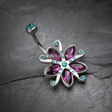 Detail View 2 of Glistening Lily Blossome Flower Belly Button Ring-Teal/Purple