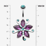 Detail View 1 of Glistening Lily Blossome Flower Belly Button Ring-Teal/Purple