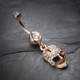 Detail View 2 of Rose Gold Skull Fury Belly Button Ring-Clear Gem