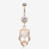 Rose Gold Skull Fury Belly Button Ring-Clear Gem
