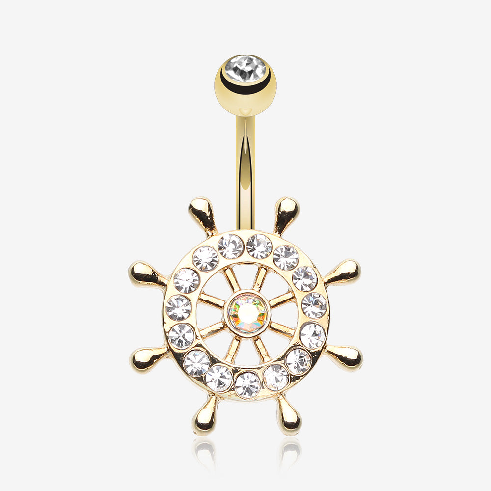 Golden Sparkle Anchor Wheel Belly Button Ring-Clear Gem
