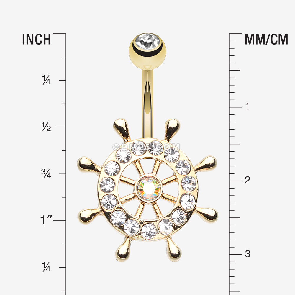 Detail View 1 of Golden Sparkle Anchor Wheel Belly Button Ring-Clear Gem