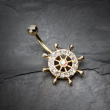 Detail View 2 of Golden Sparkle Anchor Wheel Belly Button Ring-Clear Gem