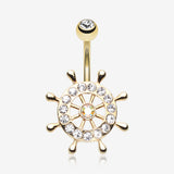 Golden Sparkle Anchor Wheel Belly Button Ring-Clear Gem