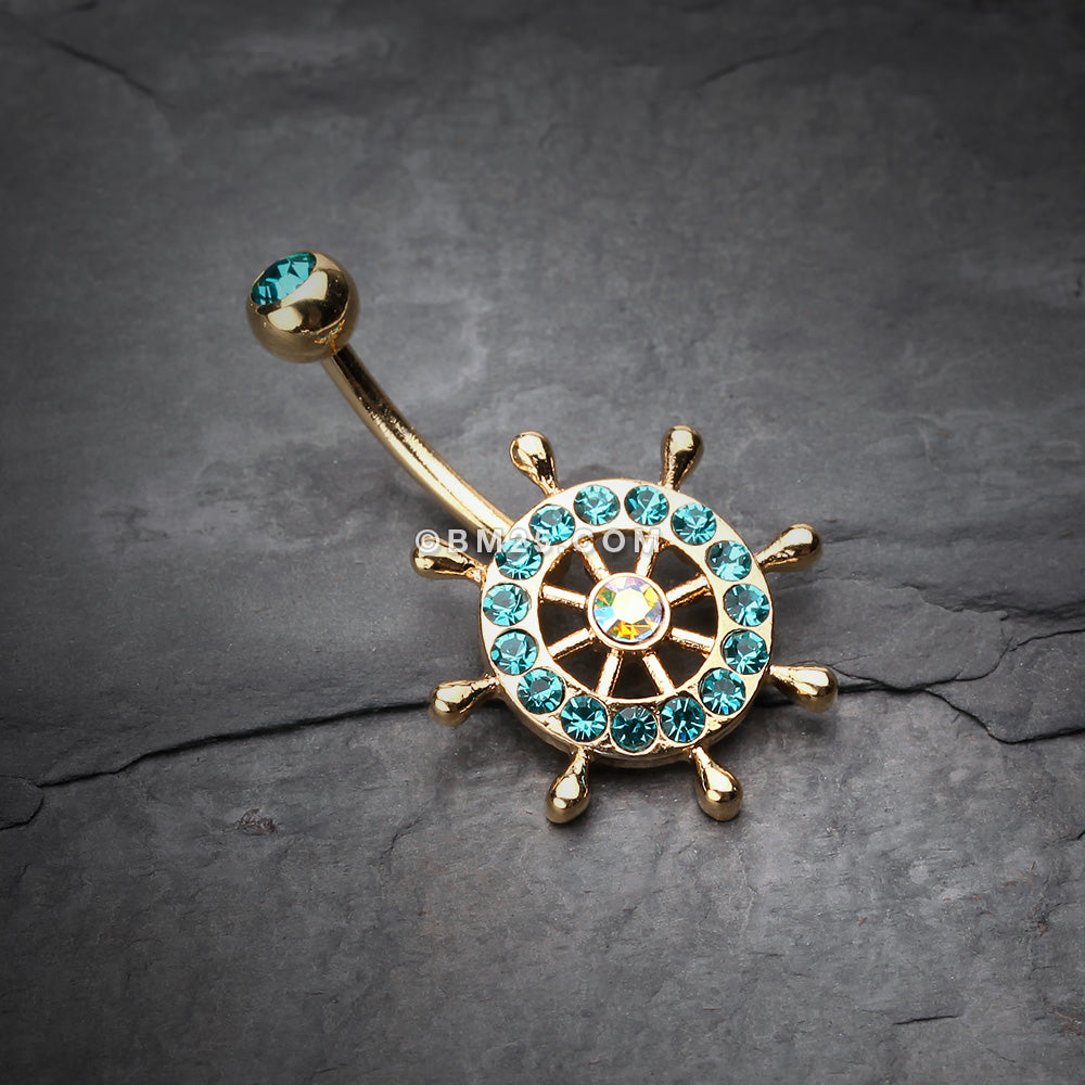Detail View 2 of Golden Sparkle Anchor Wheel Belly Button Ring-Teal