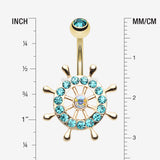 Detail View 1 of Golden Sparkle Anchor Wheel Belly Button Ring-Teal