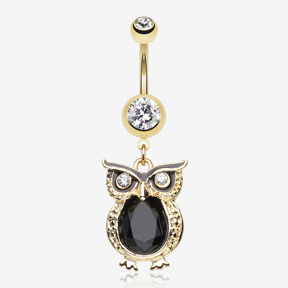 Golden Dusk Owl Belly Button Ring-Clear Gem/Black