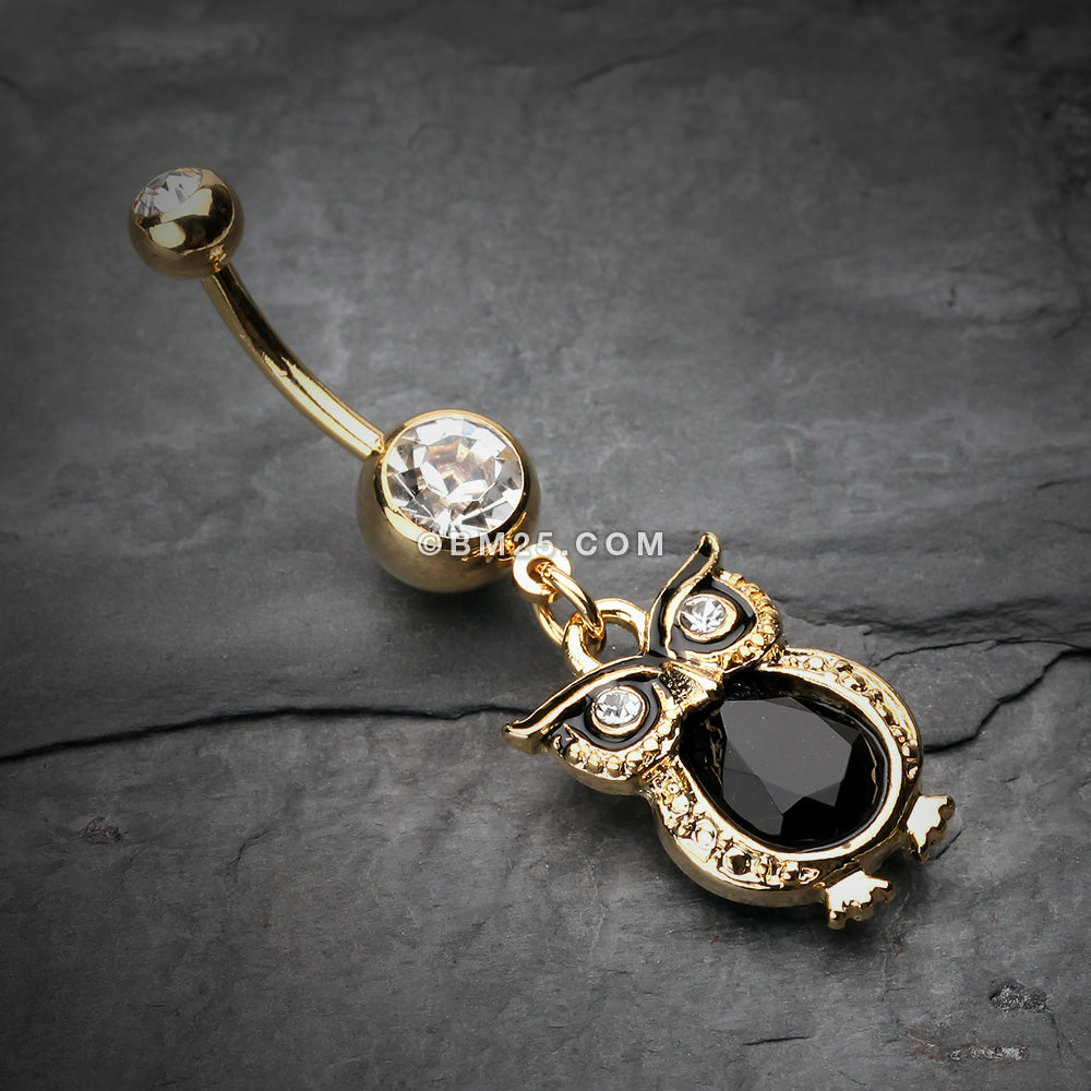 Detail View 2 of Golden Dusk Owl Belly Button Ring-Clear Gem/Black