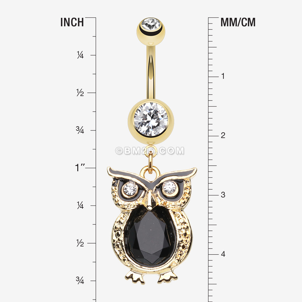 Detail View 1 of Golden Dusk Owl Belly Button Ring-Clear Gem/Black
