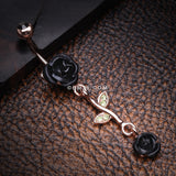 Detail View 2 of Rose Gold Bright Metal Rose Belly Button Ring-Black