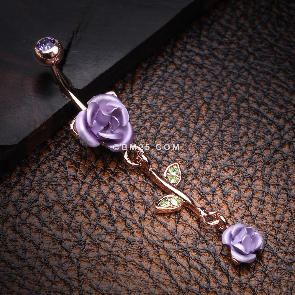 Detail View 2 of Rose Gold Bright Metal Rose Belly Button Ring-Tanzanite