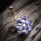 Detail View 2 of Golden Marquis Lotus Belly Button Ring-Tanzanite/Clear
