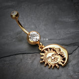 Detail View 2 of Golden Sun & Moon Union of Opposites Belly Button Ring-Clear Gem