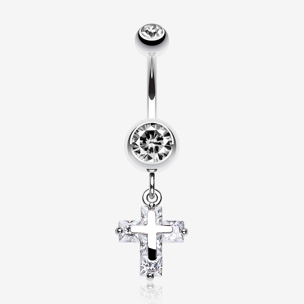 Dainty Cross Sparkle Belly Button Ring-Clear Gem