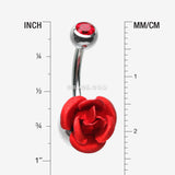 Detail View 1 of Bright Metal Rose Blossom Belly Button Ring-Red