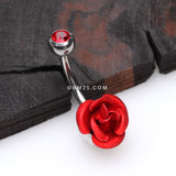 Detail View 2 of Bright Metal Rose Blossom Belly Button Ring-Red