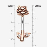 Detail View 1 of Rose Gold Full Blossom Rose Belly Button Ring-Clear Gem