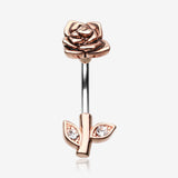 Rose Gold Full Blossom Rose Belly Button Ring-Clear Gem