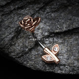 Detail View 2 of Rose Gold Full Blossom Rose Belly Button Ring-Clear Gem