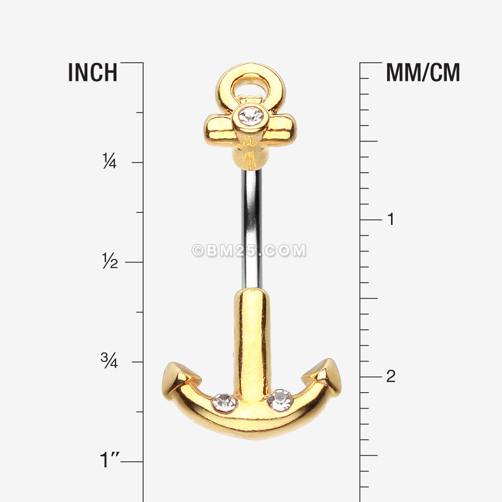 Detail View 1 of Golden Classic Anchor Dock Belly Button Ring-Clear Gem
