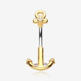 Golden Classic Anchor Dock Belly Button Ring-Clear Gem