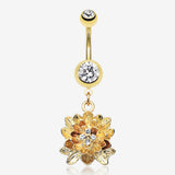 Golden Divine Lotus Belly Button Ring -Clear Gem