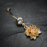 Detail View 2 of Golden Divine Lotus Belly Button Ring -Clear Gem