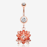Rose Gold Divine Lotus Belly Button Ring-Clear Gem